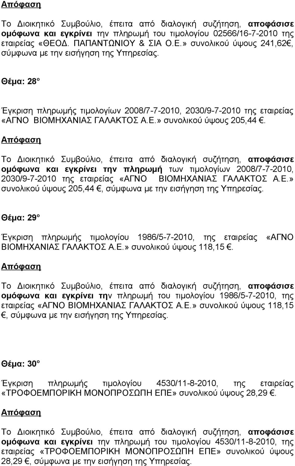 ομόφωνα και εγκρίνει την πληρωμή των τιμολογίων 2008/7-7-2010, 2030/9-7-2010 της εταιρείας «ΑΓΝΟ ΒΙΟΜΗΧΑΝΙΑΣ ΓΑΛΑΚΤΟΣ Α.Ε.