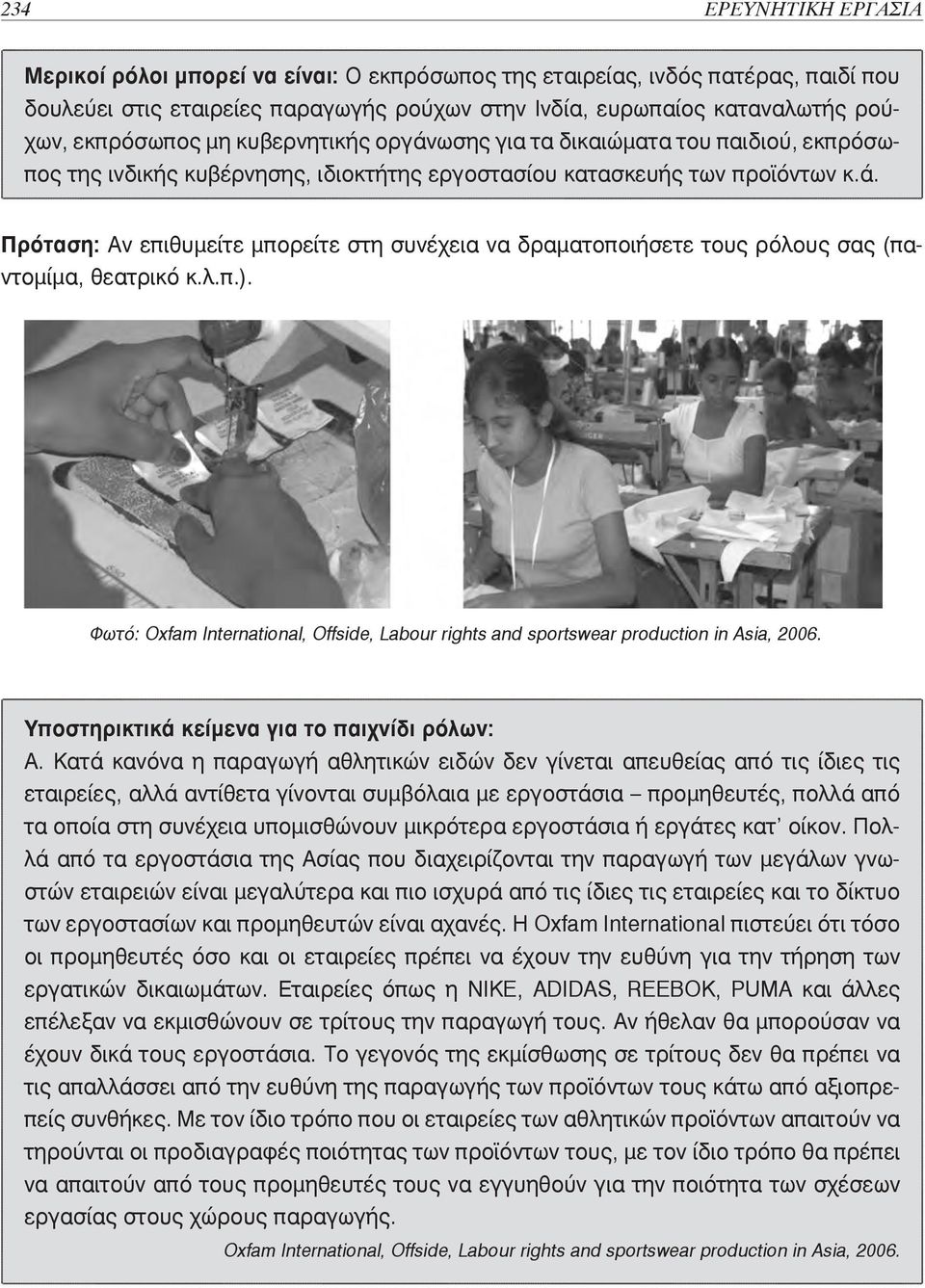 λ.π.). Φωτό: Oxfam International, Offside, Labour rights and sportswear production in Asia, 2006. Υποστηρικτικά κείμενα για το παιχνίδι ρόλων: Α.