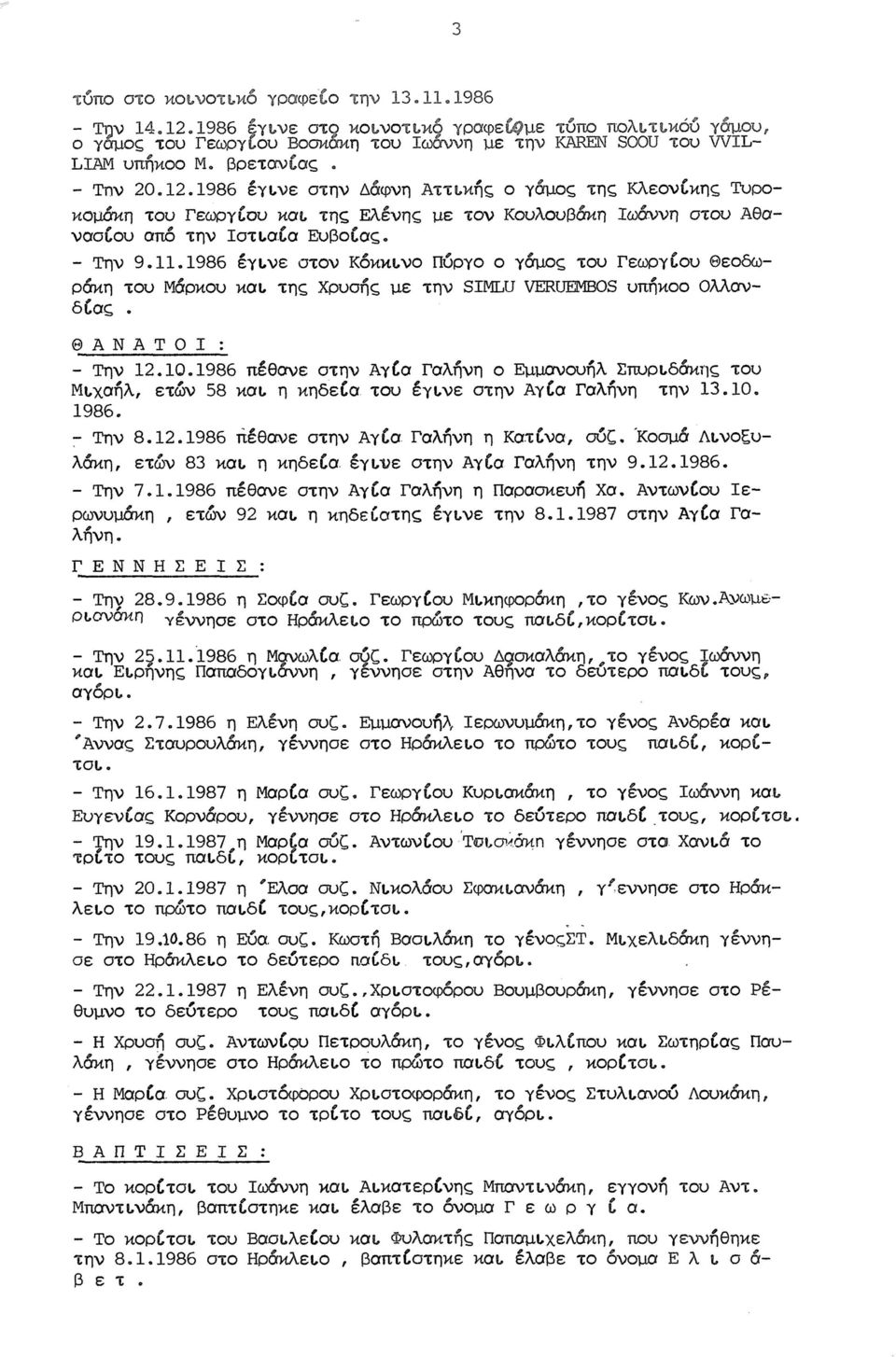 1986 έγινε στον Κόκκινο Πύργο ο γάμος του Γεωργίου Θεοδω- ρόκη του Μάρκου και της Χρυσής με την SIMLU VERUEMBOS υπήκοο Ολλανδίας. Θ Α Ν Α Τ Ο Ι : - Την 12.10.