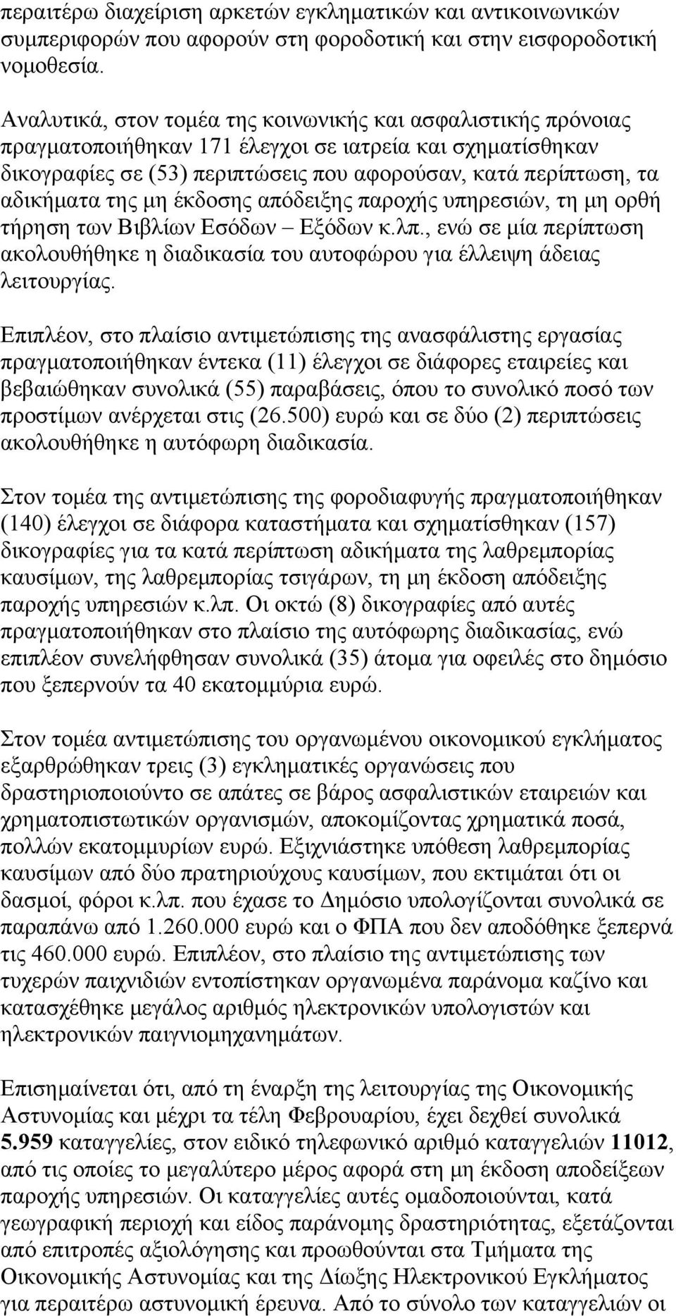 της μη έκδοσης απόδειξης παροχής υπηρεσιών, τη μη ορθή τήρηση των Βιβλίων Εσόδων Εξόδων κ.λπ., ενώ σε μία περίπτωση ακολουθήθηκε η διαδικασία του αυτοφώρου για έλλειψη άδειας λειτουργίας.