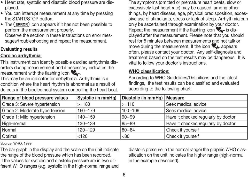 Evaluating results Cardiac arrhythmia: This instrument can identify possible cardiac arrhythmia disorders during measurement and if necessary indicates the measurement with the flashing icon.