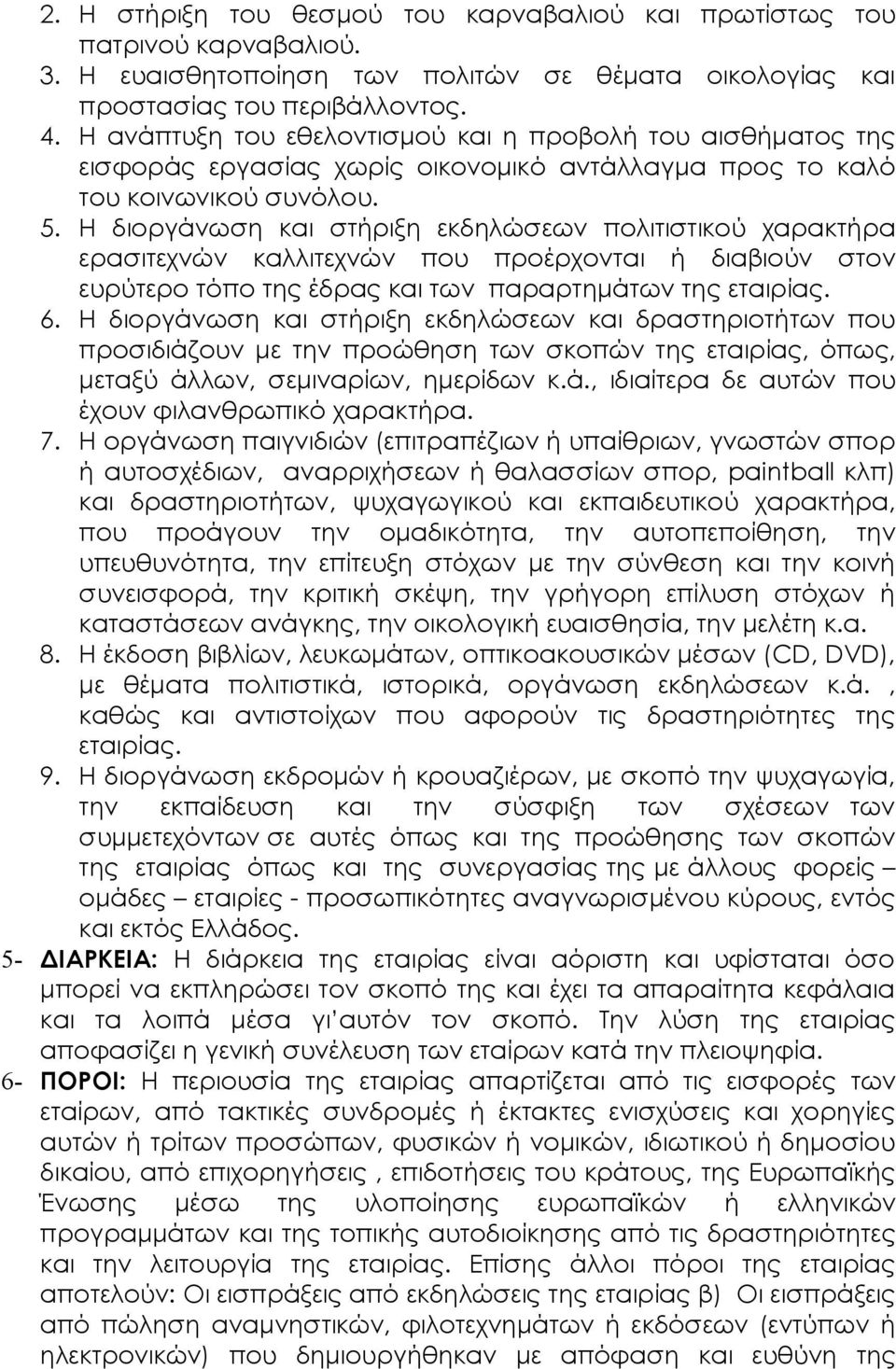 Η διοργάνωση και στήριξη εκδηλώσεων πολιτιστικού χαρακτήρα ερασιτεχνών καλλιτεχνών που προέρχονται ή διαβιούν στον ευρύτερο τόπο της έδρας και των παραρτημάτων της εταιρίας. 6.