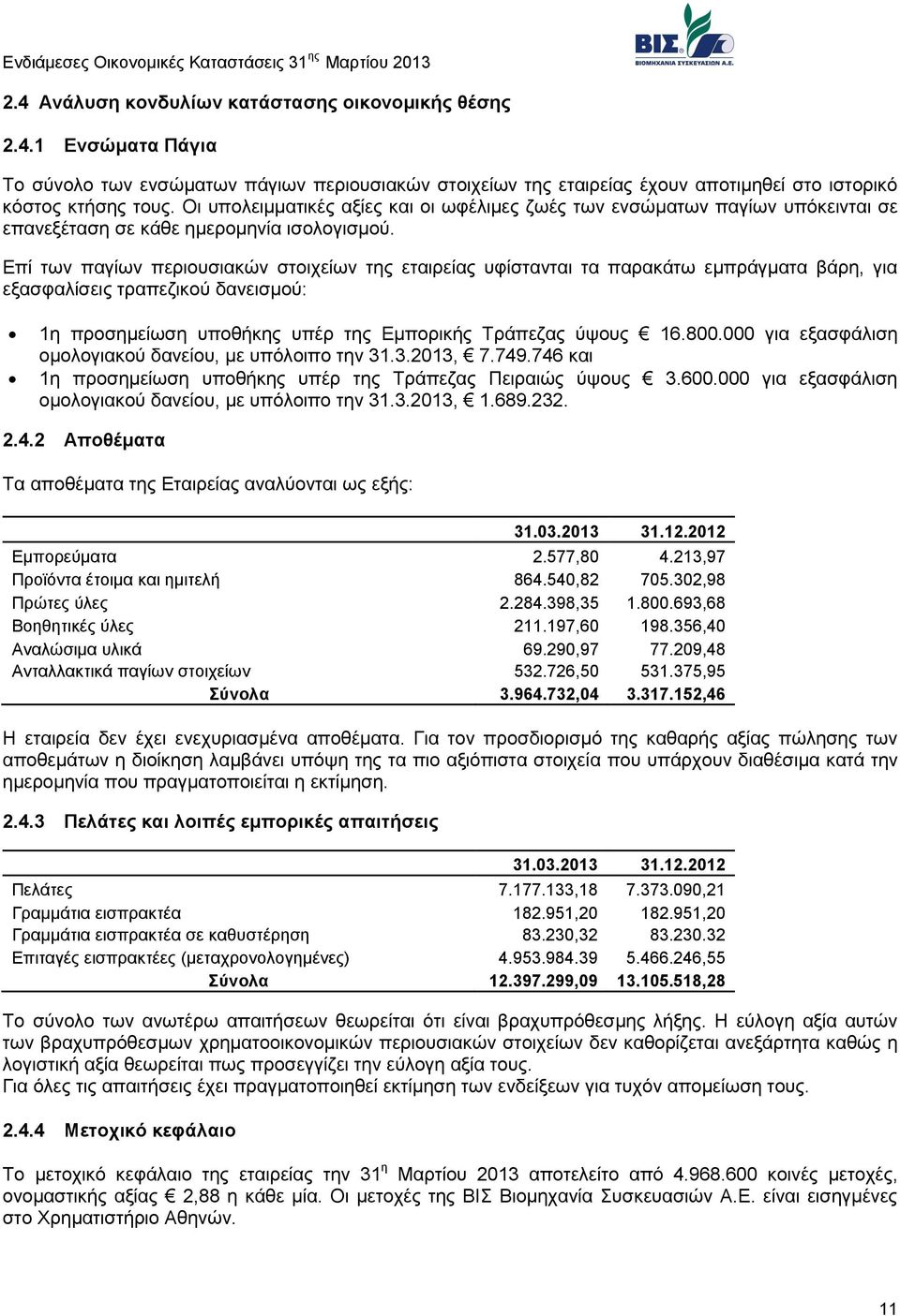 Επί των παγίων περιουσιακών στοιχείων της εταιρείας υφίστανται τα παρακάτω εμπράγματα βάρη, για εξασφαλίσεις τραπεζικού δανεισμού: 1η προσημείωση υποθήκης υπέρ της Εμπορικής Τράπεζας ύψους 16.800.