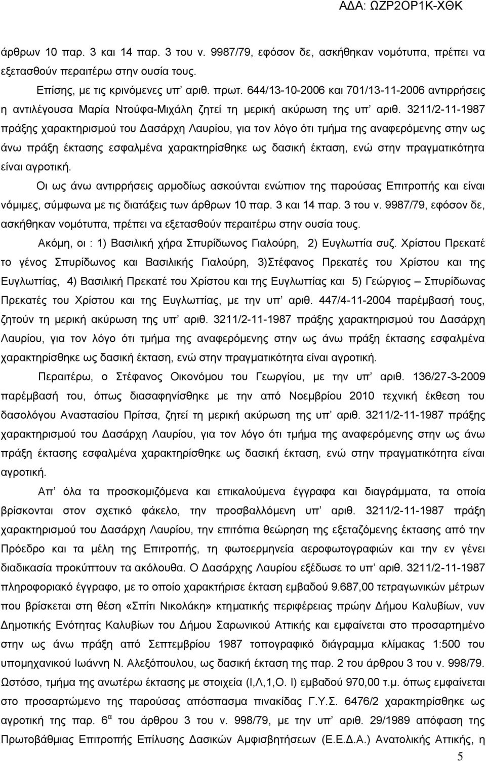 3211/2-11-1987 πξάμεο ραξαθηεξηζκνύ ηνπ Γαζάξρε Λαπξίνπ, γηα ηνλ ιόγν όηη ηκήκα ηεο αλαθεξόκελεο ζηελ σο άλσ πξάμε έθηαζεο εζθαικέλα ραξαθηεξίζζεθε σο δαζηθή έθηαζε, ελώ ζηελ πξαγκαηηθόηεηα είλαη