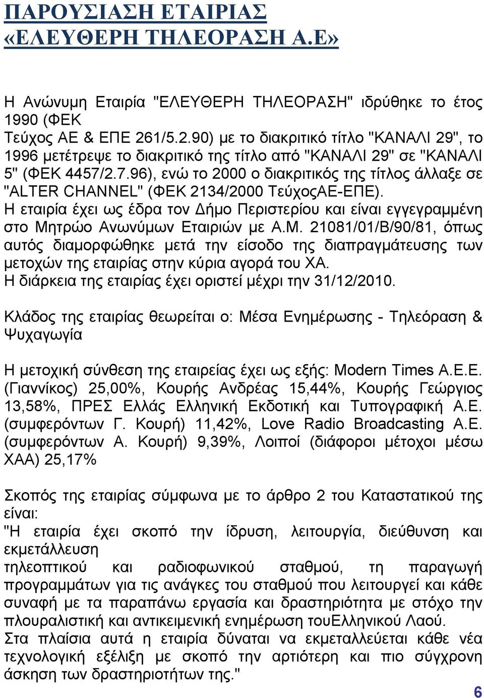 2.7.96), ενώ το 2000 ο διακριτικός της τίτλος άλλαξε σε "ALTER CHANNEL" (ΦΕΚ 2134/2000 ΤεύχοςΑΕ-ΕΠΕ).