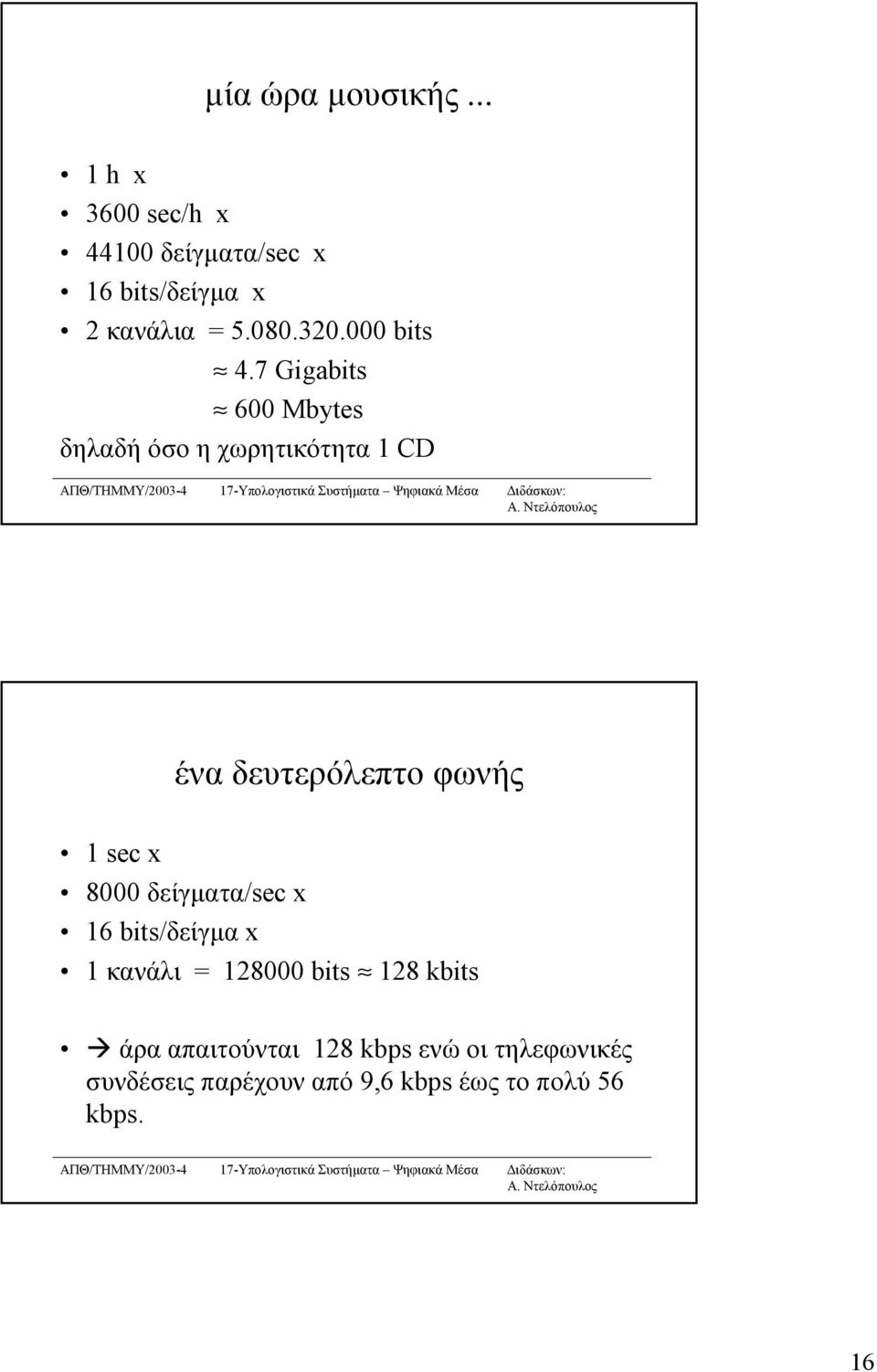 7 Gigabits 600 Mbytes δηλαδή όσο η χωρητικότητα 1 CD ένα δευτερόλεπτο φωνής 1 sec x 8000