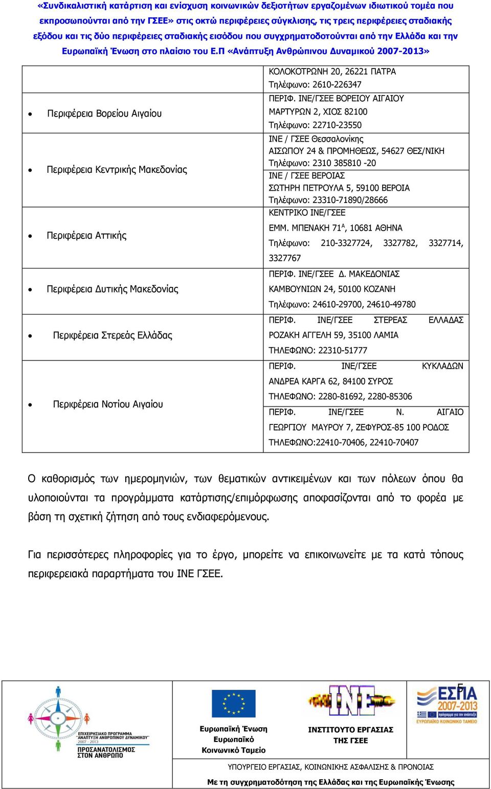 ΙΝΕ/ΓΣΕΕ ΒΟΡΕΙΟΥ ΑΙΓΑΙΟΥ ΜΑΡΤΥΡΩΝ 2, ΧΙΟΣ 82100 Τηλέφωνο: 22710-23550 ΙΝΕ / ΓΣΕΕ Θεσσαλονίκης ΑΙΣΩΠΟΥ 24 & ΠΡΟΜΗΘΕΩΣ, 54627 ΘΕΣ/ΝΙΚΗ Τηλέφωνο: 2310 385810-20 ΙΝΕ / ΓΣΕΕ ΒΕΡΟΙΑΣ ΣΩΤΗΡΗ ΠΕΤΡΟΥΛΑ 5,