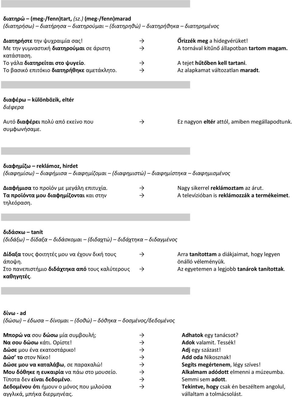 Az alapkamat változatlan maradt. διαφέρω különbözik, eltér διέφερα Αυτό διαφέρει πολύ από εκείνο που συμφωνήσαμε. Ez nagyon eltér attól, amiben megállapodtunk.