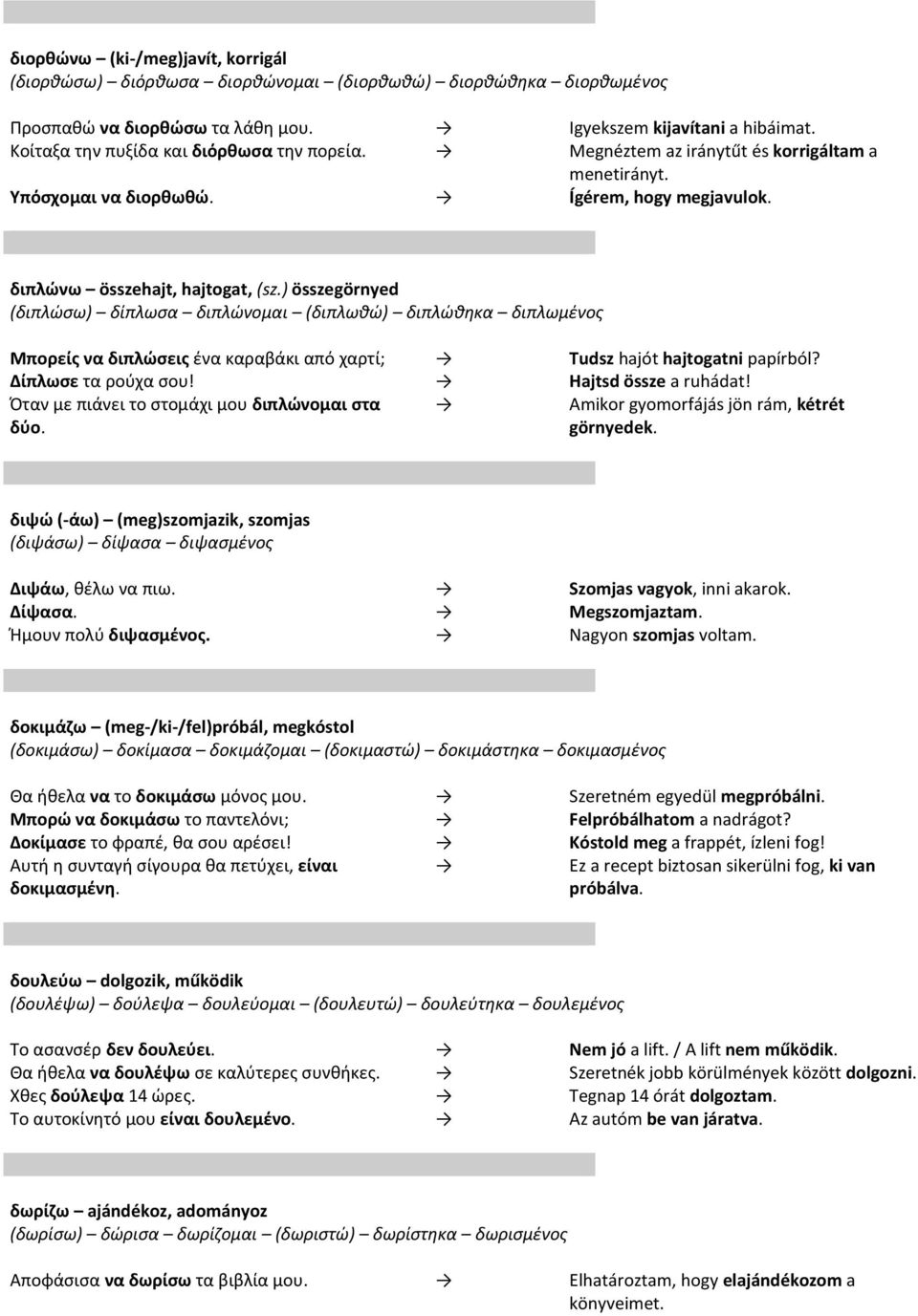 ) összegörnyed (διπλώσω) δίπλωσα διπλώνομαι (διπλωθώ) διπλώθηκα διπλωμένος Μπορείς να διπλώσεις ένα καραβάκι από χαρτί; Tudsz hajót hajtogatni papírból? Δίπλωσε τα ρούχα σου! Hajtsd össze a ruhádat!