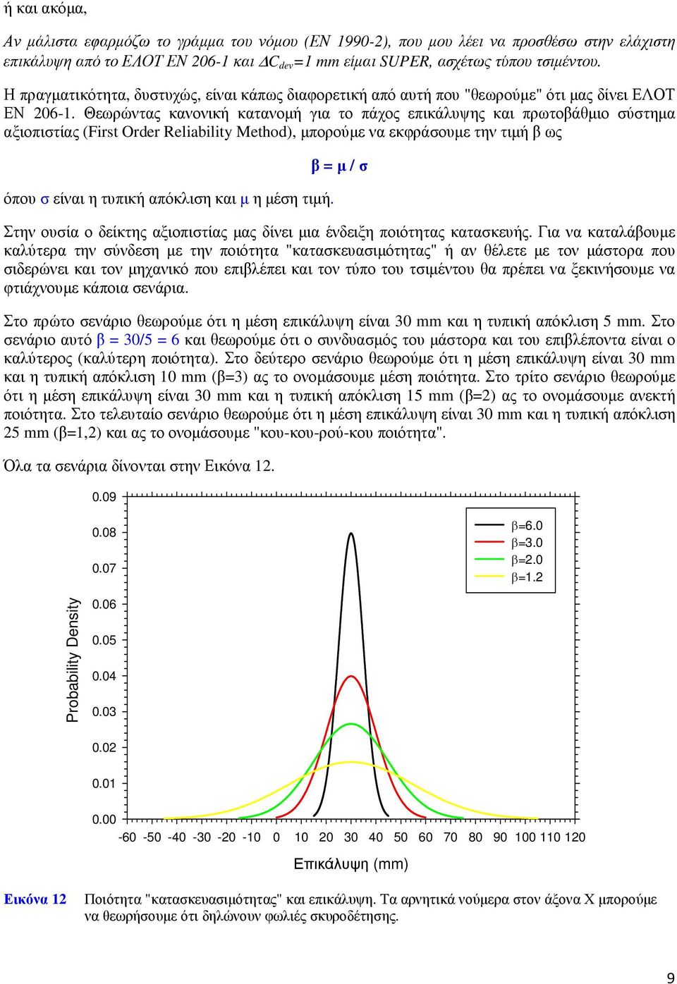 Θεωρώντας κανονική κατανοµή για το πάχος επικάλυψης και πρωτοβάθµιο σύστηµα αξιοπιστίας (First Order Reliability Method), µπορούµε να εκφράσουµε την τιµή β ως όπου σ είναι η τυπική απόκλιση και µ η