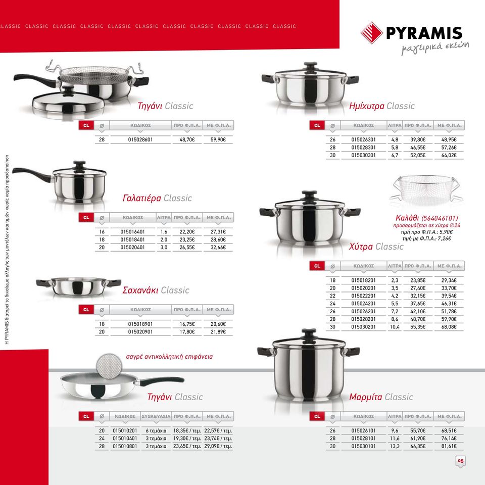 17,80 20,60 21,89 CL 26 28 18 015018201 2,3 23,85 29,34 20 22 24 26 015026301 015028301 Χύτρα Classic 015020201 015022201 015024201 015026201 4,8 5,8 Καλάθι (564046101) προσαρμόζεται σε χύτρα 24 τιμή