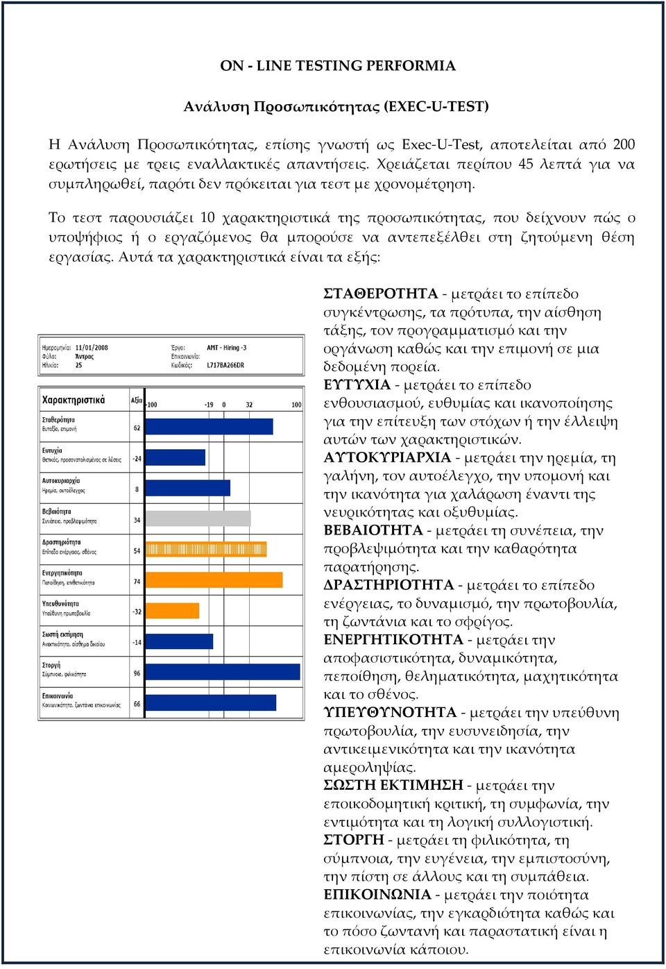 Σο τεστ παρουσιάζει 10 χαρακτηριστικά της προσωπικότητας, που δείχνουν πώς ο υποψήφιος ή ο εργαζόμενος θα μπορούσε να αντεπεξέλθει στη ζητούμενη θέση εργασίας.