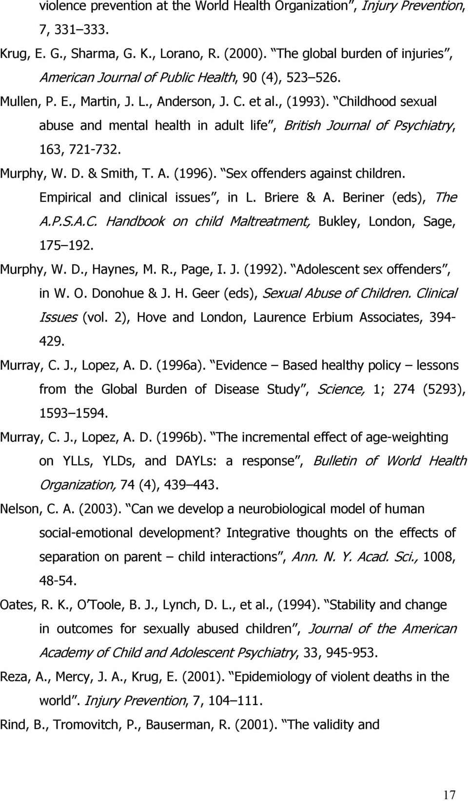 Childhood sexual abuse and mental health in adult life, British Journal of Psychiatry, 163, 721-732. Murphy, W. D. & Smith, T. A. (1996). Sex offenders against children.