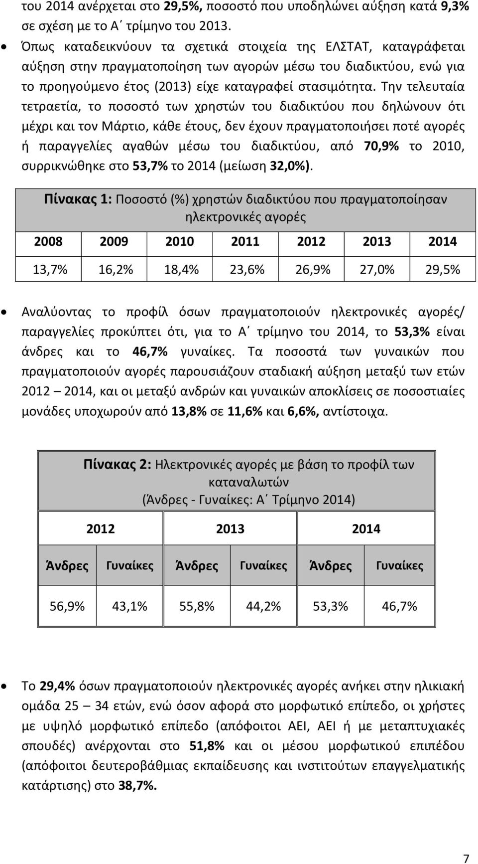 Την τελευταία τετραετία, το ποσοστό των χρηστών του διαδικτύου που δηλώνουν ότι µέχρι και τον Μάρτιο, κάθε έτους, δεν έχουν πραγµατοποιήσει ποτέ αγορές ή παραγγελίες αγαθών µέσω του διαδικτύου, από