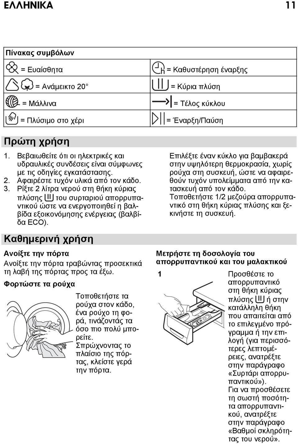 Ρίξτε 2 λίτρα νερού στη θήκη κύριας πλύσης του συρταριού απορρυπαντικού ώστε να ενεργοποιηθεί η βαλβίδα εξοικονόμησης ενέργειας (βαλβίδα ECO).