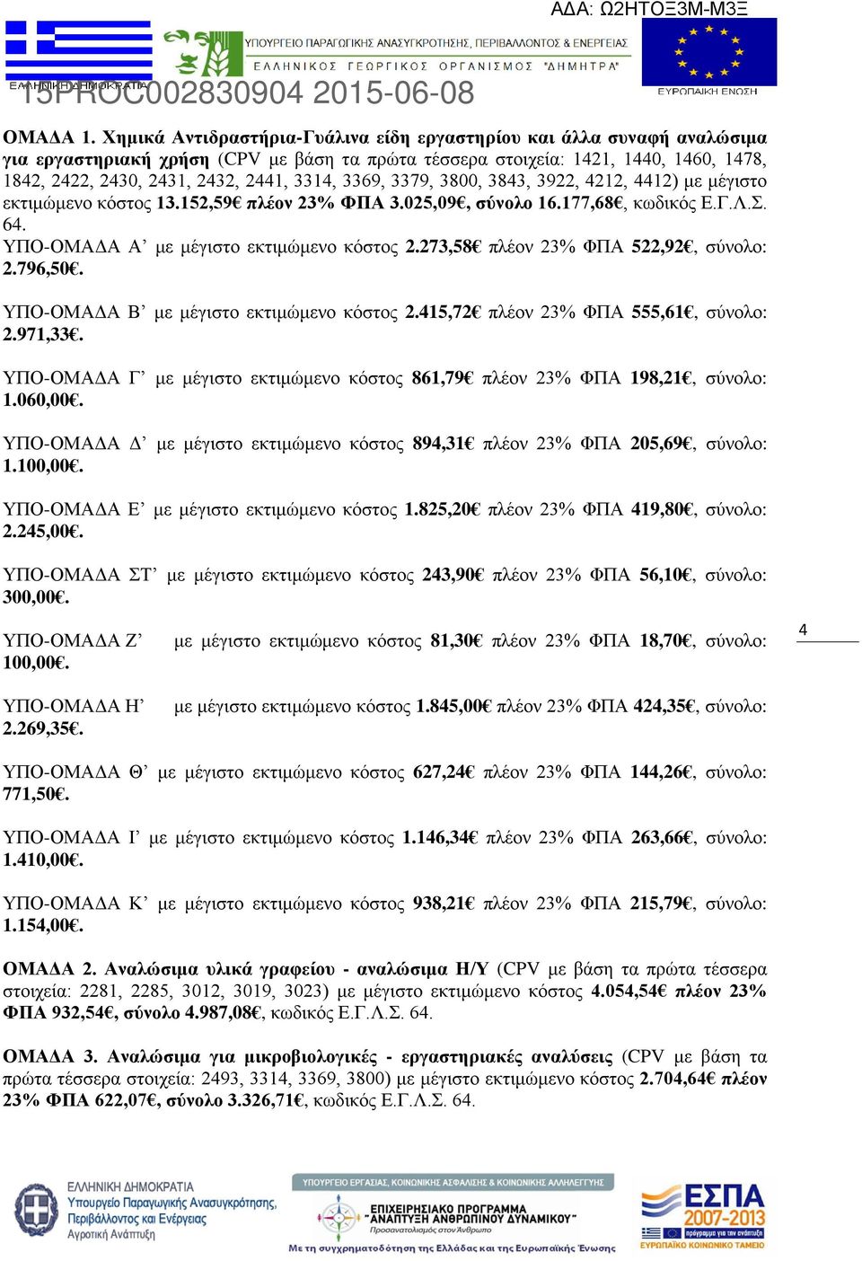 3314, 3369, 3379, 3800, 3843, 3922, 4212, 4412) με μέγιστο εκτιμώμενο κόστος 13.152,59 πλέον 23% ΦΠΑ 3.025,09, σύνολο 16.177,68, κωδικός Ε.Γ.Λ.Σ. 64. ΥΠΟ-ΟΜΑΔΑ Α με μέγιστο εκτιμώμενο κόστος 2.