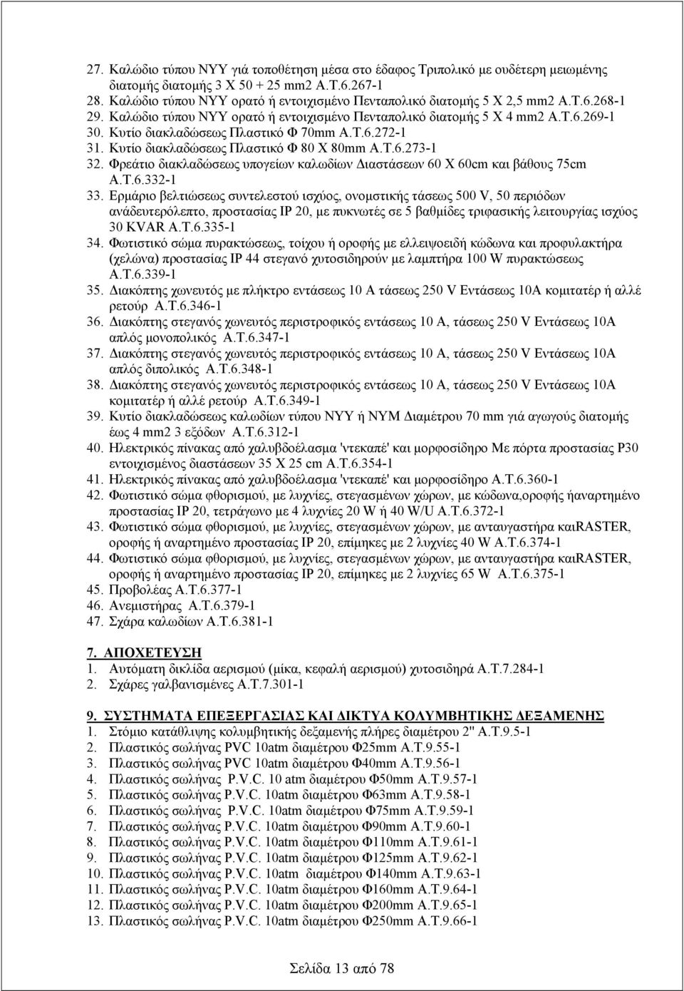 Κυτίο διακλαδώσεως Πλαστικό Φ 70mm Α.Τ.6.272-1 31. Κυτίο διακλαδώσεως Πλαστικό Φ 80 Χ 80mm Α.Τ.6.273-1 32. Φρεάτιο διακλαδώσεως υπογείων καλωδίων Διαστάσεων 60 Χ 60cm και βάθους 75cm Α.Τ.6.332-1 33.