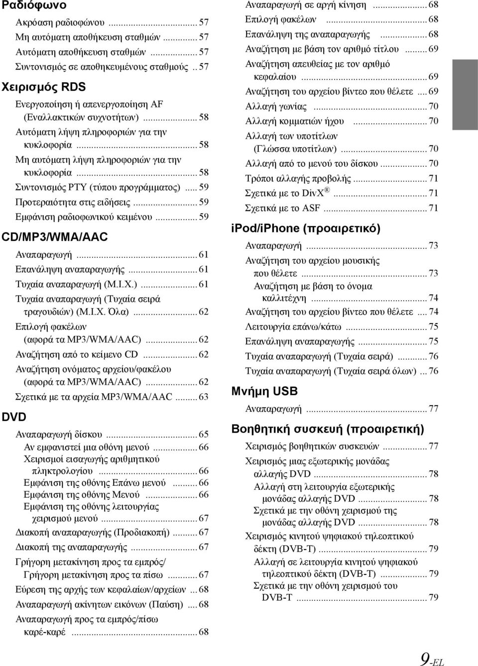.. 58 Συντονισμός PTY (τύπου προγράμματος)... 59 Προτεραιότητα στις ειδήσεις... 59 Εμφάνιση ραδιοφωνικού κειμένου... 59 CD/MP3/WMA/AAC DVD Αναπαραγωγή... 61 Επανάληψη αναπαραγωγής.