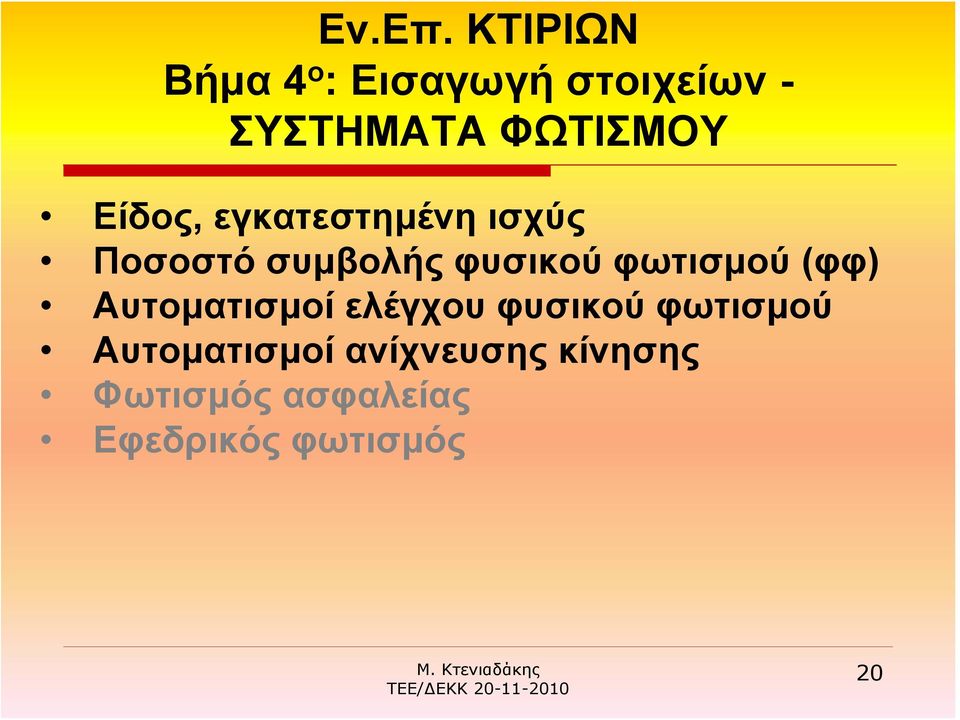 Είδος, εγκατεστημένη ισχύς Ποσοστό συμβολής φυσικού φωτισμού