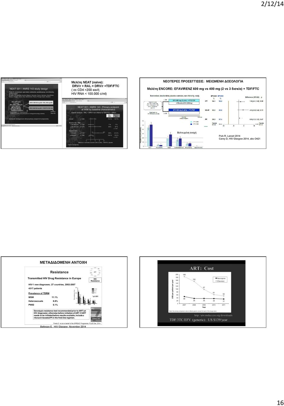 vs 400 mg (2 vs 3 δισκία) + TDF/FTC Βελτιωµένη ανοχή Puls R, Lancet 2014 Carey D,