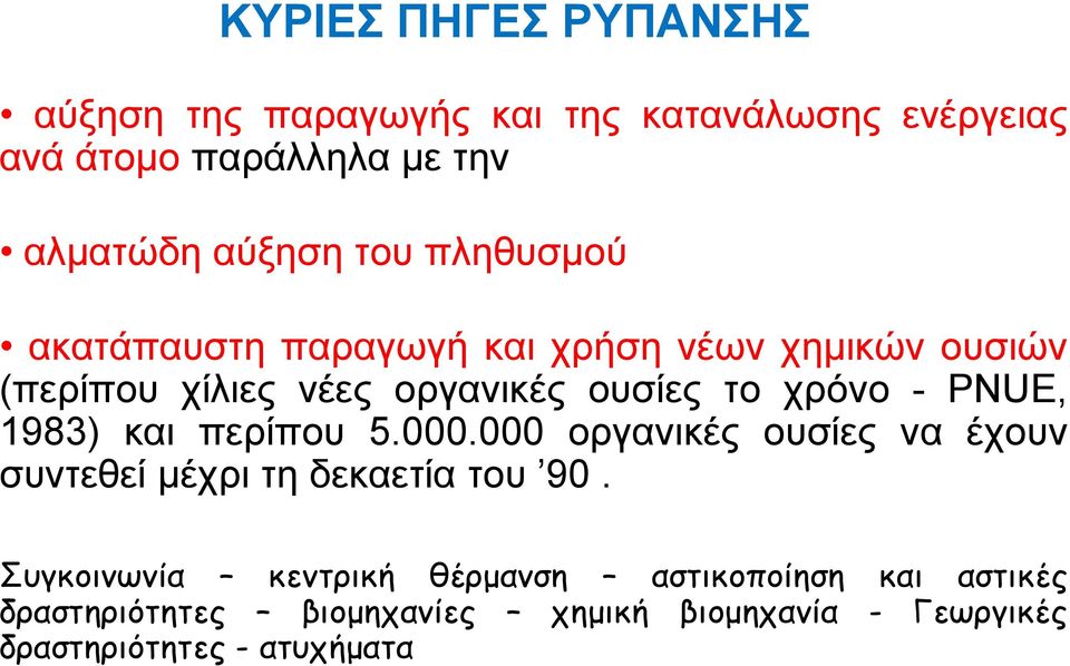 PNUE, 1983) και περίπου 5.000.000 οργανικές ουσίες να έχουν συντεθεί μέχρι τη δεκαετία του 90.