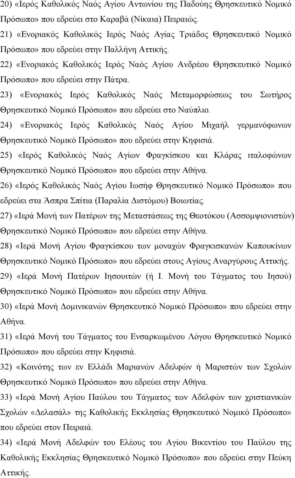 22) «Ενοριακός Καθολικός Ιερός Ναός Αγίου Ανδρέου Θρησκευτικό Νοµικό Πρόσωπο» που εδρεύει στην Πάτρα.