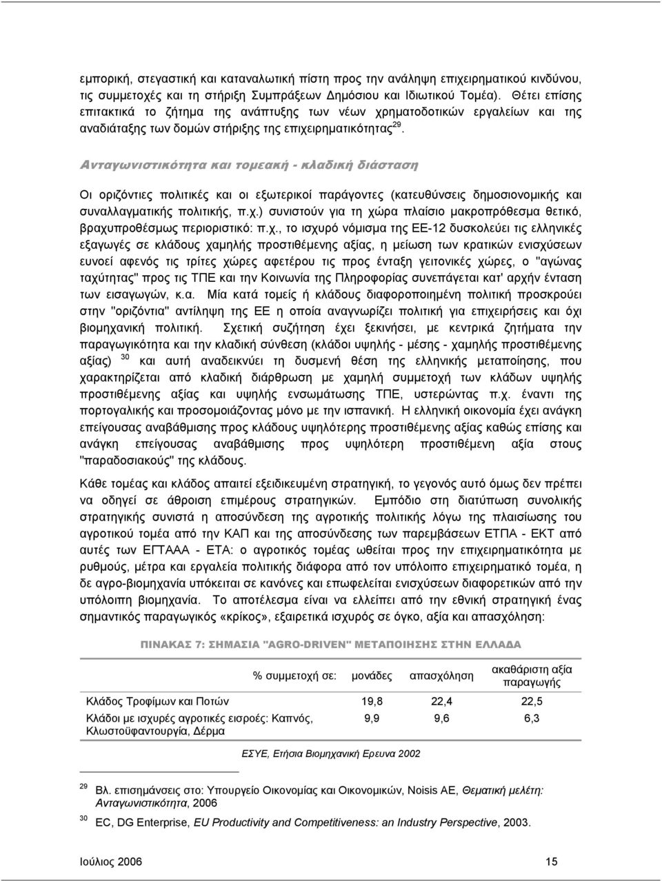 Ανταγωνιστικότητα και τοµεακή - κλαδική διάσταση Oι οριζόντιες πολιτικές και οι εξωτερικοί παράγοντες (κατευθύνσεις δηµοσιονοµικής και συναλλαγµατικής πολιτικής, π.χ.