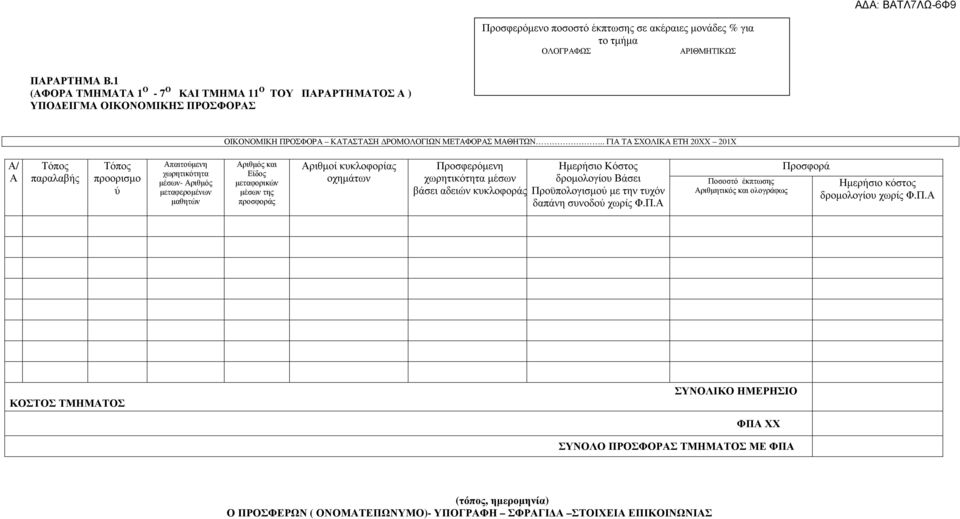 . ΓΙΑ ΤΑ ΣΧΟΛΙΚΑ ΕΤΗ 20ΧΧ 201Χ Α/ Α Τόπος παραλαβής Τόπος προορισµο ύ Απαιτούµενη χωρητικότητα µέσων- Αριθµός µεταφεροµένων µαθητών Αριθµός και Είδος µεταφορικών µέσων της προσφοράς Αριθµοί