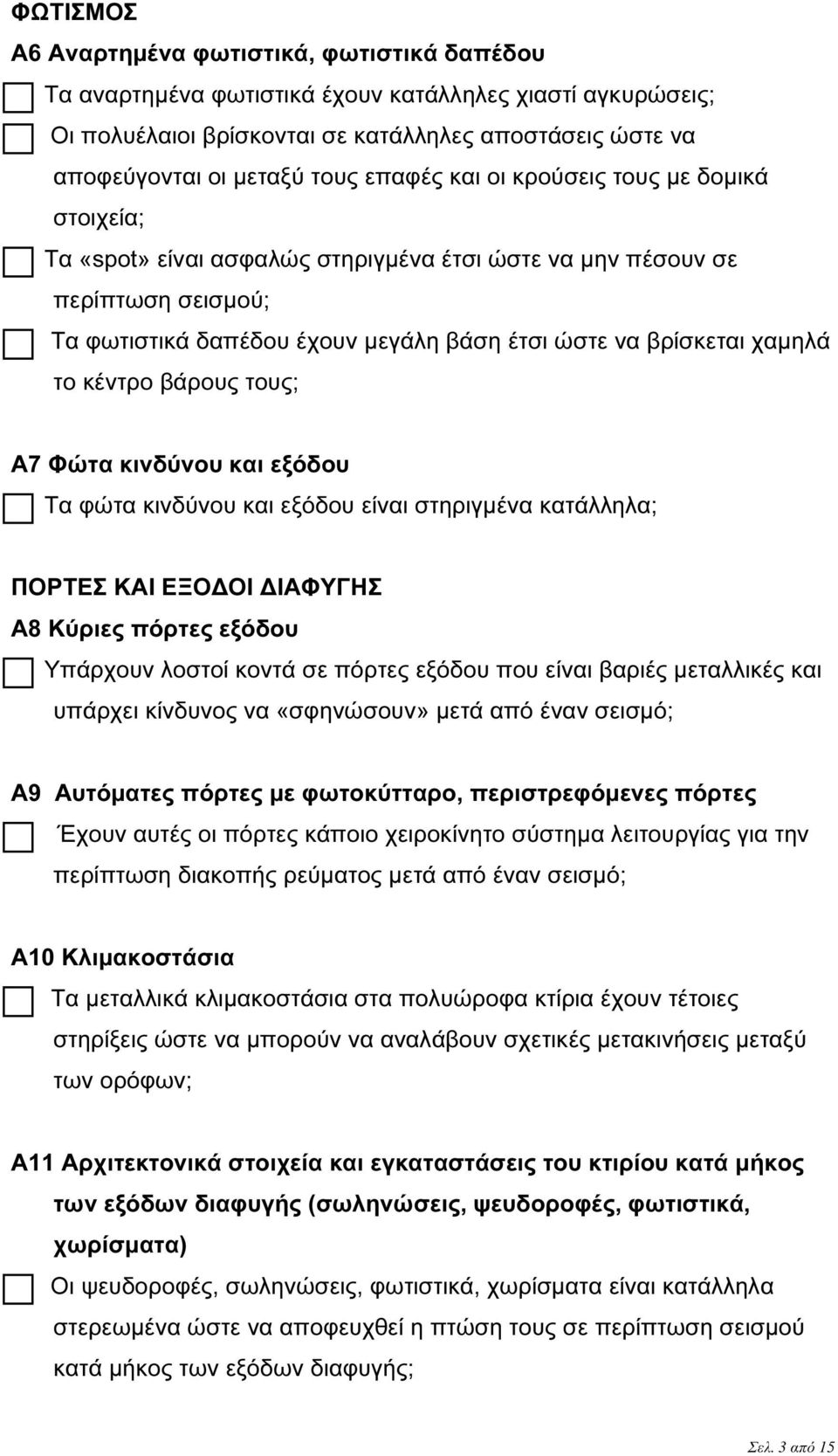 το κέντρο βάρους τους; Α7 Φώτα κινδύνου και εξόδου Τα φώτα κινδύνου και εξόδου είναι στηριγµένα κατάλληλα; ΠΟΡΤΕΣ ΚΑΙ ΕΞΟ ΟΙ ΙΑΦΥΓΗΣ Α8 Κύριες πόρτες εξόδου Yπάρχουν λοστοί κοντά σε πόρτες εξόδου που