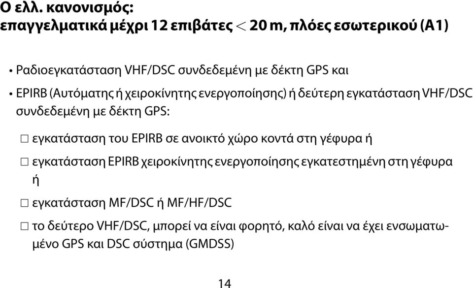 και EPIRB (Αυτόματης ή χειροκίνητης ενεργοποίησης) ή δεύτερη εγκατάσταση VHF/DSC συνδεδεμένη με δέκτη GPS: εγκατάσταση του