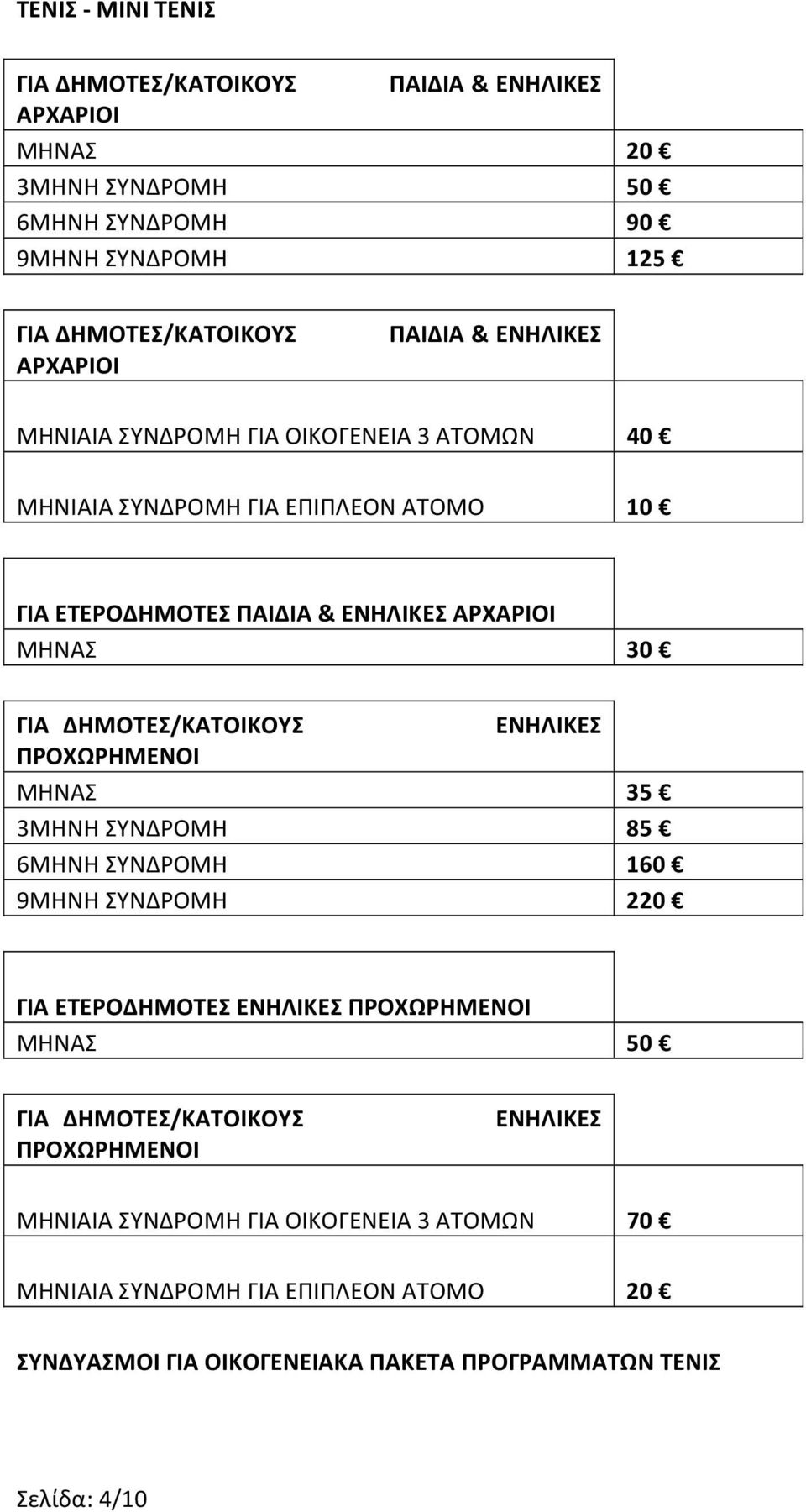 ΠΡΟΧΩΡΗΜΕΝΟΙ ΜΗΝΑΣ 35 3ΜΗΝΗ ΣΥΝΔΡΟΜΗ 85 6ΜΗΝΗ ΣΥΝΔΡΟΜΗ 160 9ΜΗΝΗ ΣΥΝΔΡΟΜΗ 220 ΕΝΗΛΙΚΕΣ ΠΡΟΧΩΡΗΜΕΝΟΙ ΜΗΝΑΣ 50 ΠΡΟΧΩΡΗΜΕΝΟΙ ΕΝΗΛΙΚΕΣ