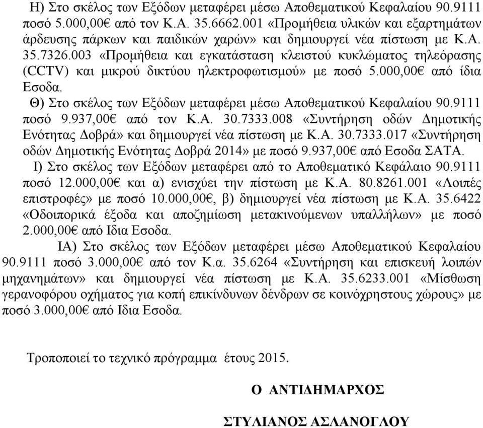 003 «Προμήθεια και εγκατάσταση κλειστού κυκλώματος τηλεόρασης (CCTV) και μικρού δικτύου ηλεκτροφωτισμού» με ποσό 5.000,00 από ίδια Εσοδα.