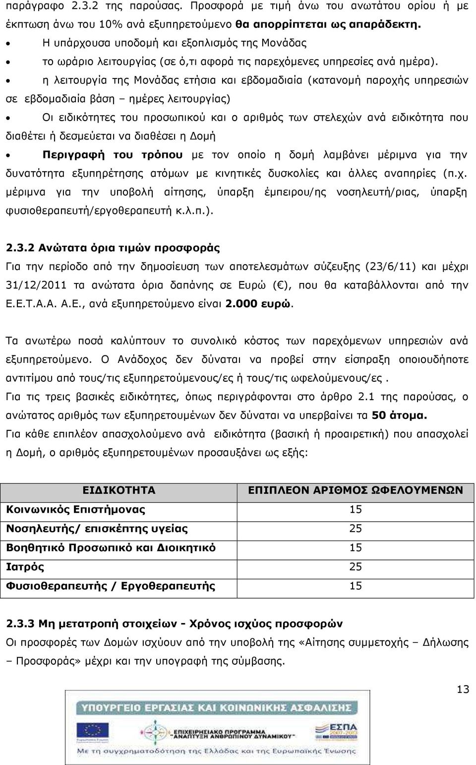 η λειτουργία της Μονάδας ετήσια και εβδοµαδιαία (κατανοµή παροχής υπηρεσιών σε εβδοµαδιαία βάση ηµέρες λειτουργίας) Οι ειδικότητες του προσωπικού και ο αριθµός των στελεχών ανά ειδικότητα που