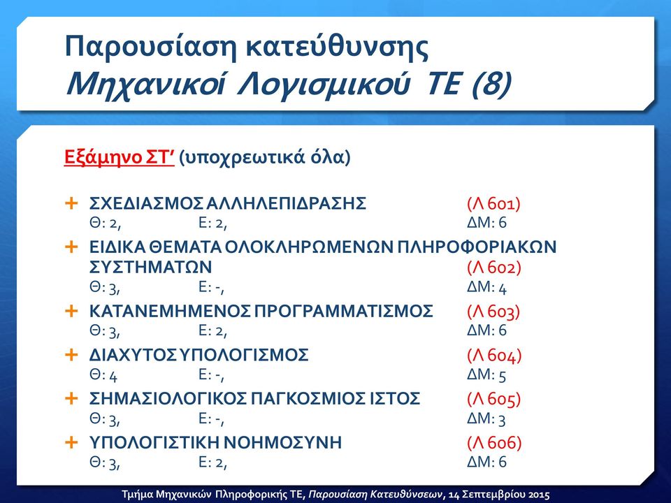 ΚΑΤΑΝΕΜΗΜΕΝΟΣ ΠΡΟΓΡΑΜΜΑΤΙΣΜΟΣ (Λ 603) Θ: 3, Ε: 2, ΔΜ: 6 ΔΙΑΧΥΤΟΣ ΥΠΟΛΟΓΙΣΜΟΣ (Λ 604) Θ: 4 Ε: -,