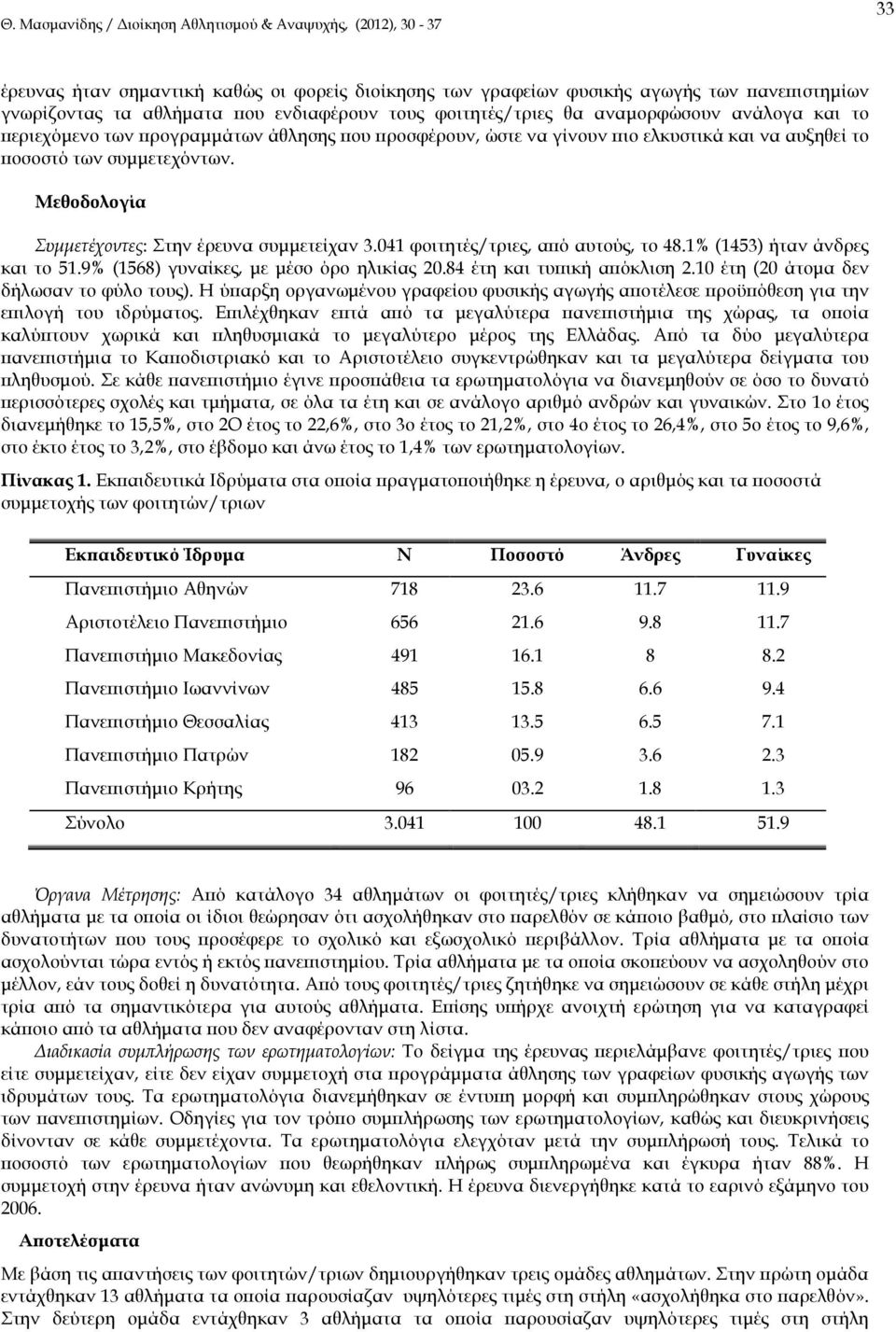 041 φοιτητές/τριες, α ό αυτούς, το 48.1% (1453) ήταν άνδρες και το 51.9% (1568) γυναίκες, µε µέσο όρο ηλικίας 20.84 έτη και τυ ική α όκλιση 2.10 έτη (20 άτοµα δεν δήλωσαν το φύλο τους).