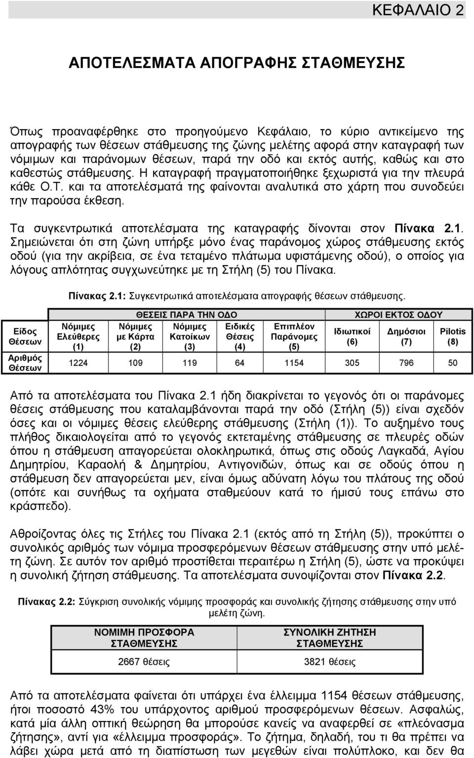 και τα αποτελέσµατά της φαίνονται αναλυτικά στο χάρτη που συνοδεύει την παρούσα έκθεση. Τα συγκεντρωτικά αποτελέσµατα της καταγραφής δίνονται στον Πίνακα 2.1.