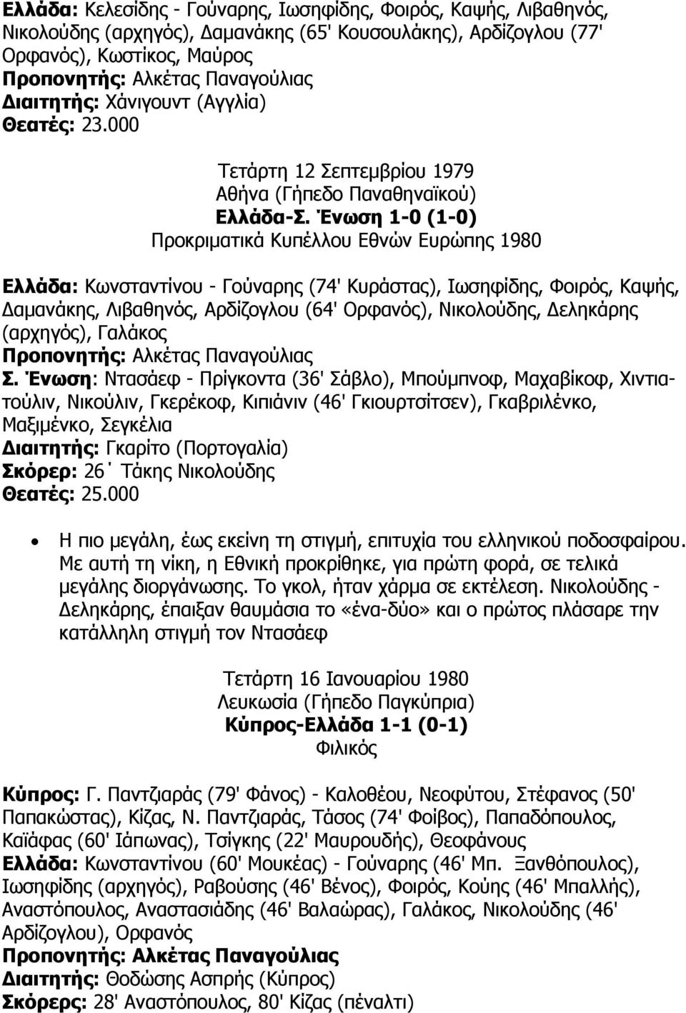 Ένωση 1-0 (1-0) Προκριµατικά Κυπέλλου Εθνών Ευρώπης 1980 Ελλάδα: Κωνσταντίνου - Γούναρης (74' Κυράστας), Ιωσηφίδης, Φοιρός, Καψής, αµανάκης, Λιβαθηνός, Αρδίζογλου (64' Ορφανός), Νικολούδης, εληκάρης