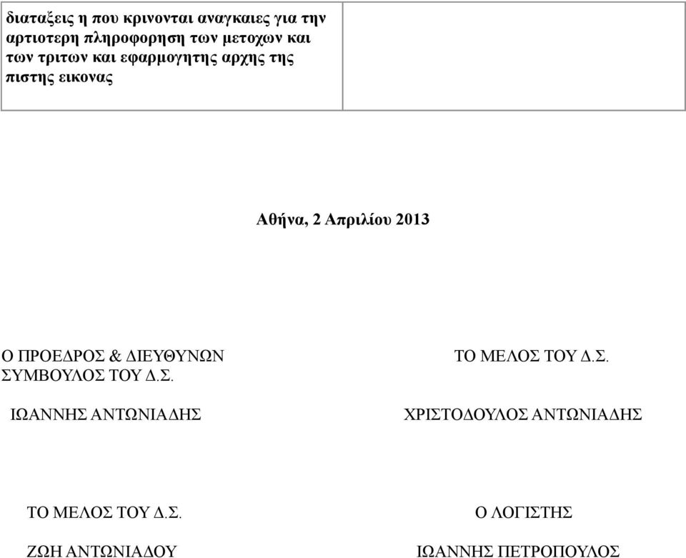 ΠΡΟΕΔΡΟΣ & ΔΙΕΥΘΥΝΩΝ ΣΥΜΒΟΥΛΟΣ ΤΟΥ Δ.Σ. ΙΩΑΝΝΗΣ ΑΝΤΩΝΙΑΔΗΣ ΤΟ ΜΕΛΟΣ ΤΟΥ Δ.Σ. ΧΡΙΣΤΟΔΟΥΛΟΣ ΑΝΤΩΝΙΑΔΗΣ ΤΟ ΜΕΛΟΣ ΤΟΥ Δ.