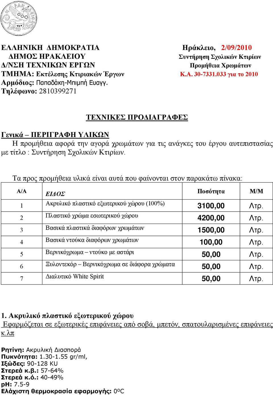 Τηλέφωνο: 2810399271 ΤΕΧΝΙΚΕΣ ΠΡΟΔΙΑΓΡΑΦΕΣ Γενικά ΠΕΡΙΓΡΑΦΗ ΥΛΙΚΩΝ Η προμήθεια αφορά την αγορά χρωμάτων για τις ανάγκες του έργου αυτεπιστασίας με τίτλο : Συντήρηση Σχολικών Κτιρίων.