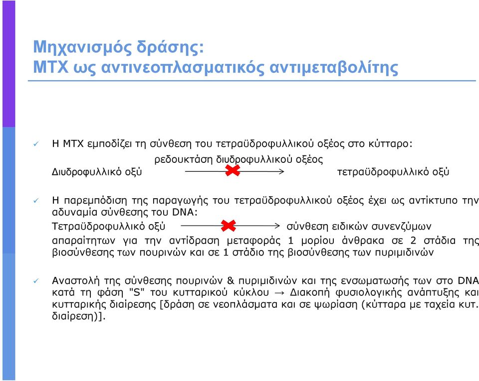 απαραίτητων για την αντίδραση µεταφοράς 1 µορίου άνθρακα σε 2 στάδια της βιοσύνθεσης των πουρινών και σε 1 στάδιο της βιοσύνθεσης των πυριµιδινών Αναστολή της σύνθεσης πουρινών&