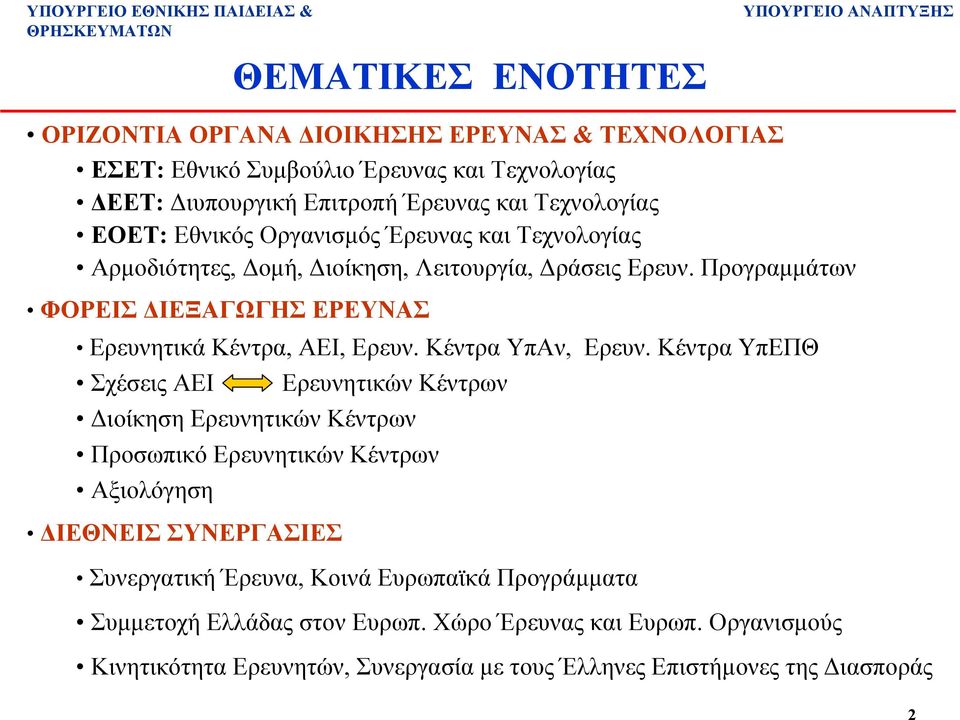 Κέντρα ΥπΑν, Ερευν.