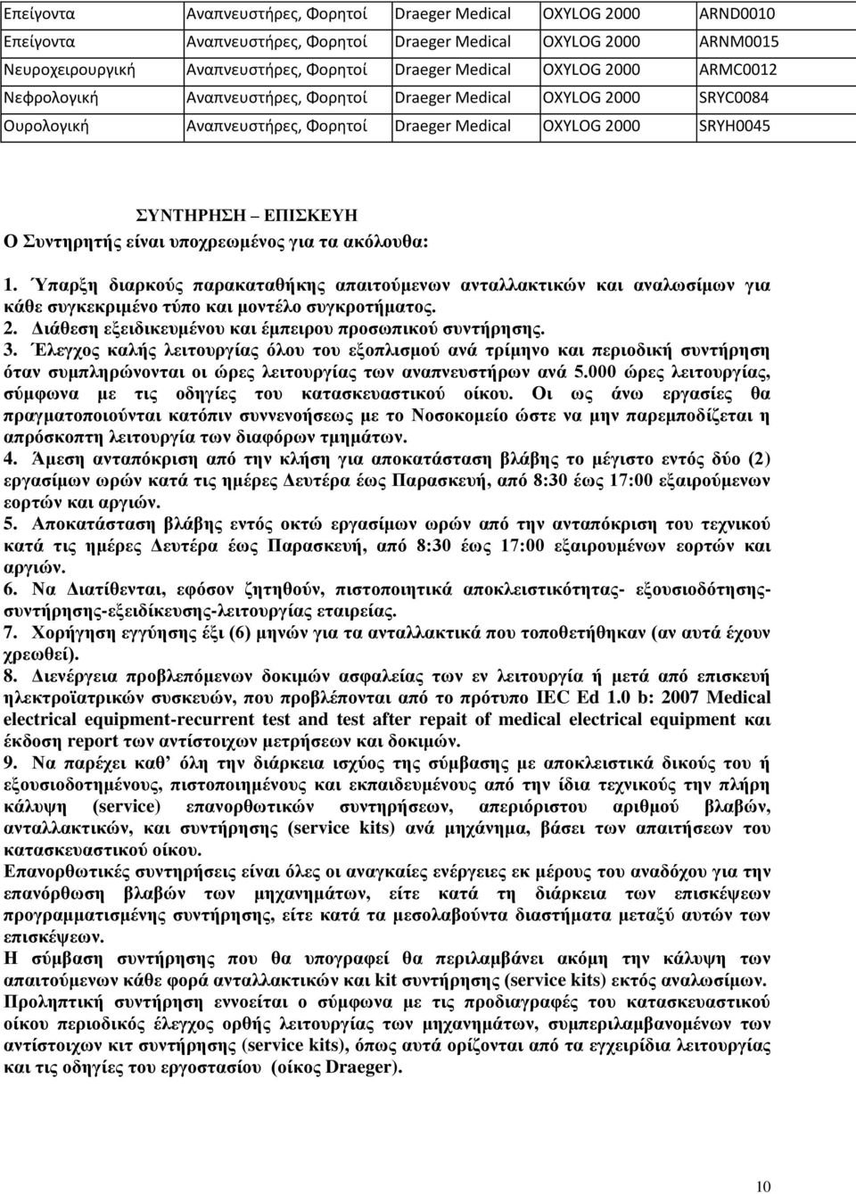 είναι υποχρεωμένος για τα ακόλουθα: 1. Ύπαρξη διαρκούς παρακαταθήκης απαιτούμενων ανταλλακτικών και αναλωσίμων για κάθε συγκεκριμένο τύπο και μοντέλο συγκροτήματος. 2.