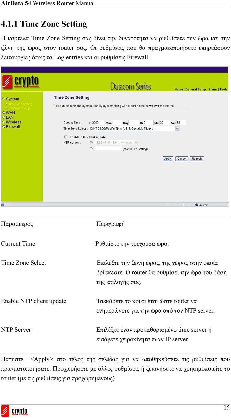 Time Zone Select Επιλέξτε την ζώνη ώρας, της χώρας στην οποία βρίσκεστε. Ο router θα ρυθμίσει την ώρα του βάση της επιλογής σας.