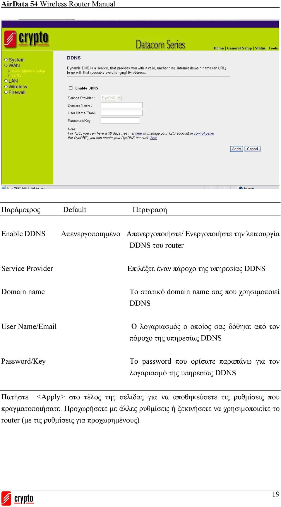 υπηρεσίας DDNS Password/Key Το password που ορίσατε παραπάνω για τον λογαριασμό της υπηρεσίας DDNS Πατήστε <Apply> στο τέλος της σελίδας για να