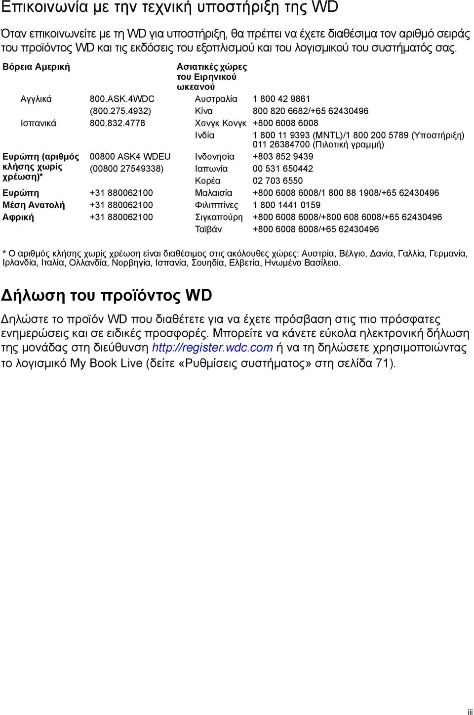 4778 Χονγκ Κονγκ +800 6008 6008 Ινδία 1 800 11 9393 (MNTL)/1 800 200 5789 (Υποστήριξη) 011 26384700 (Πιλοτική γραμμή) Ευρώπη (αριθμός 00800 ASK4 WDEU Ινδονησία +803 852 9439 κλήσης χωρίς (00800