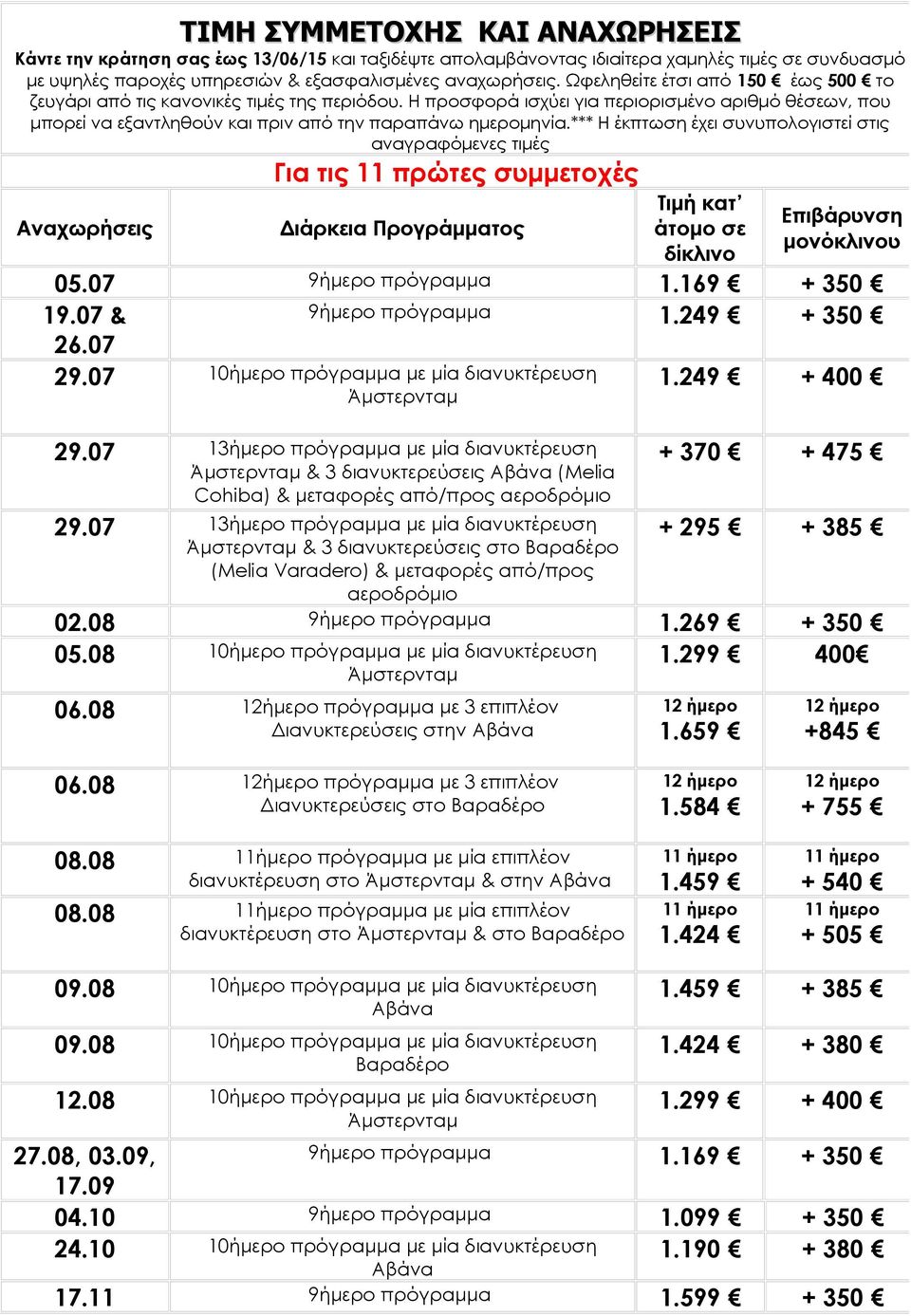 *** Η έκπτωση έχει συνυπολογιστεί στις αναγραφόμενες τιμές Για τις 11 πρώτες συμμετοχές Τιμή κατ άτομο σε δίκλινο Επιβάρυνση μονόκλινου 1.169 1.