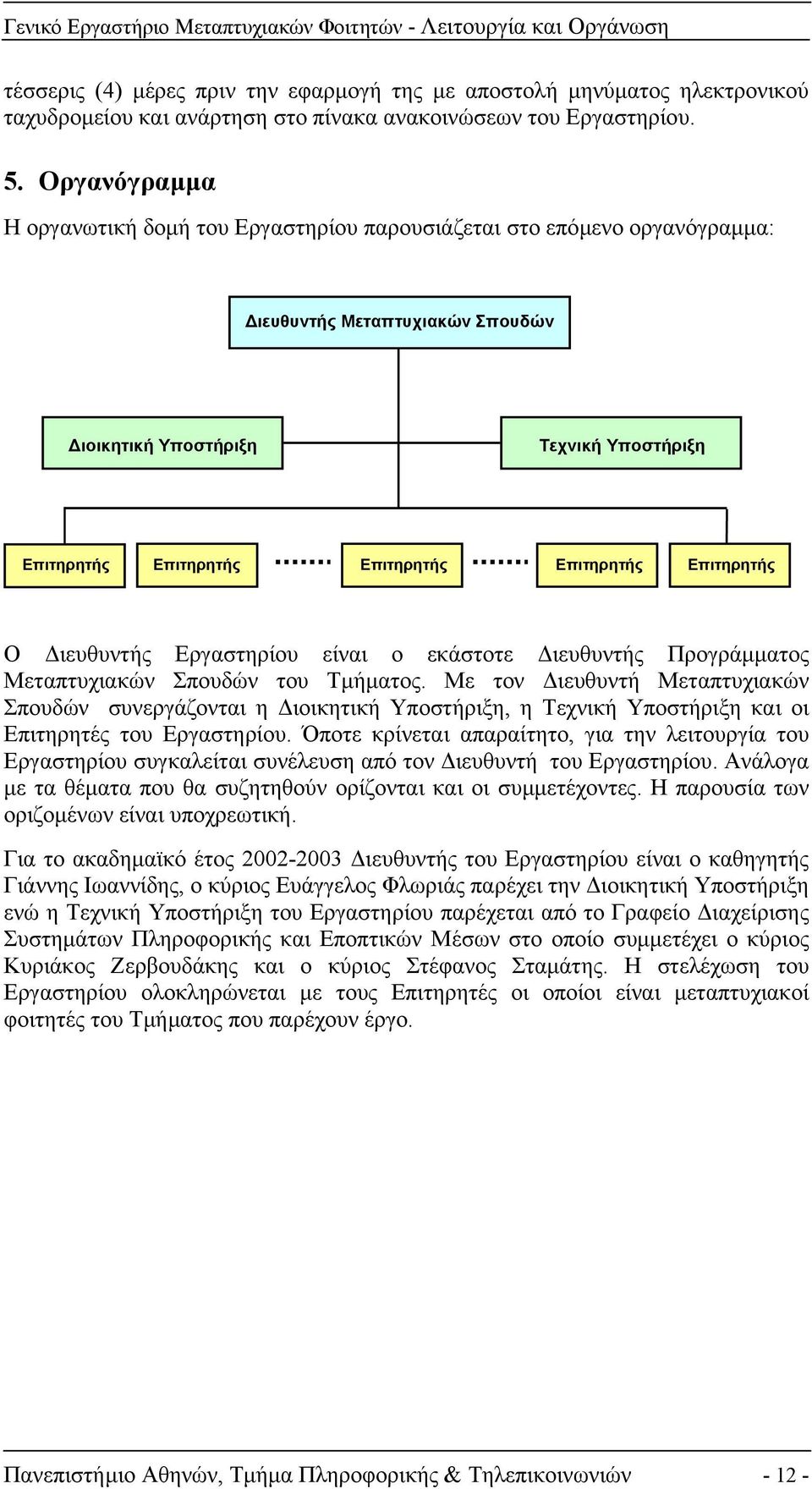 Επιτηρητής Επιτηρητής Ο ιευθυντής Εργαστηρίου είναι ο εκάστοτε ιευθυντής Προγράµµατος Μεταπτυχιακών Σπουδών του Τµήµατος.