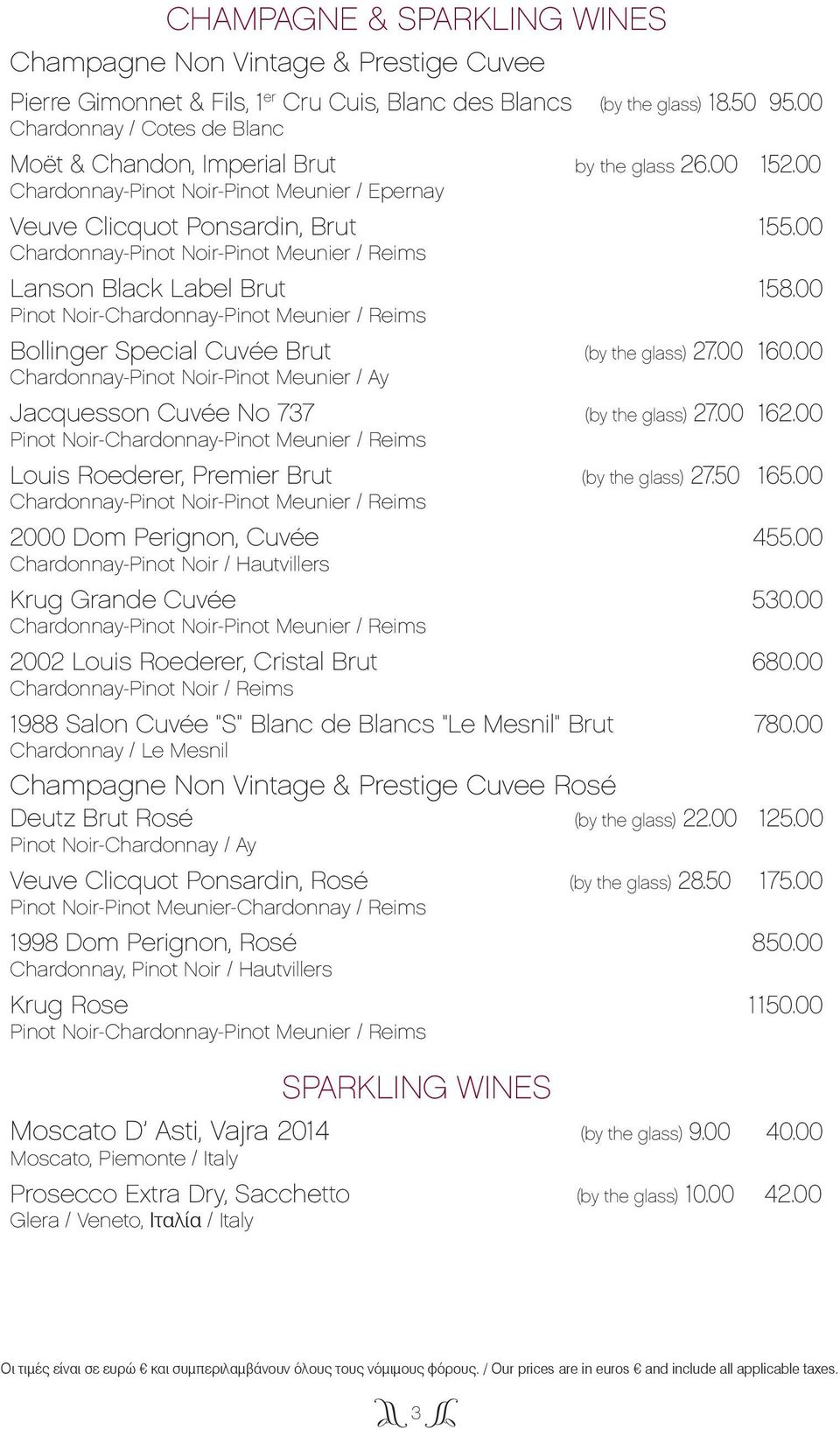 00 Chardonnay-Pinot Noir-Pinot Meunier / Reims Lanson Black Label Brut 158.00 Pinot Noir-Chardonnay-Pinot Meunier / Reims Bollinger Special Cuvée Brut (by the glass) 27.00 160.