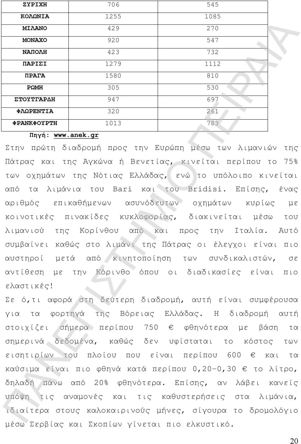 Bari και του Bridisi. Επίσης, ένας αριθμός επικαθήμενων ασυνόδευτων οχημάτων κυρίως με κοινοτικές πινακίδες κυκλοφορίας, διακινείται μέσω του λιμανιού της Κορίνθου από και προς την Ιταλία.