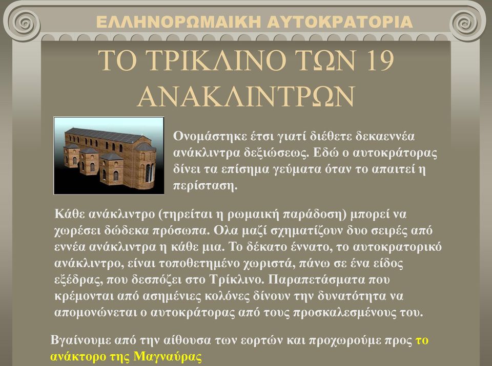 Ολα μαζί σχηματίζουν δυο σειρές από εννέα ανάκλιντρα η κάθε μια.